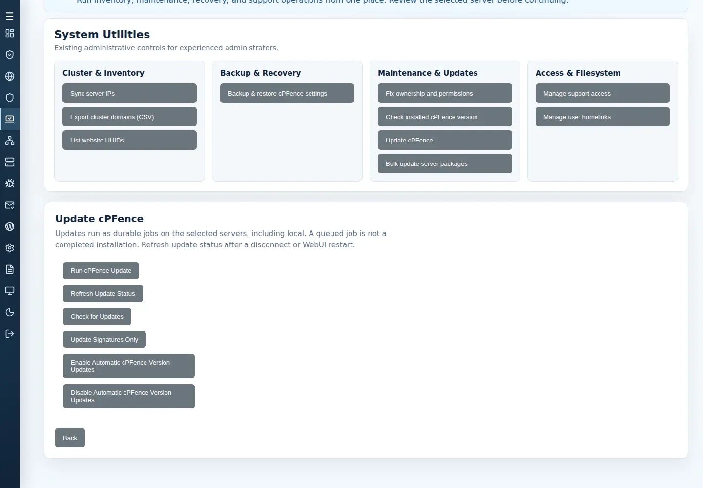 Update cPFence menu showing software, signature, availability and status controls.