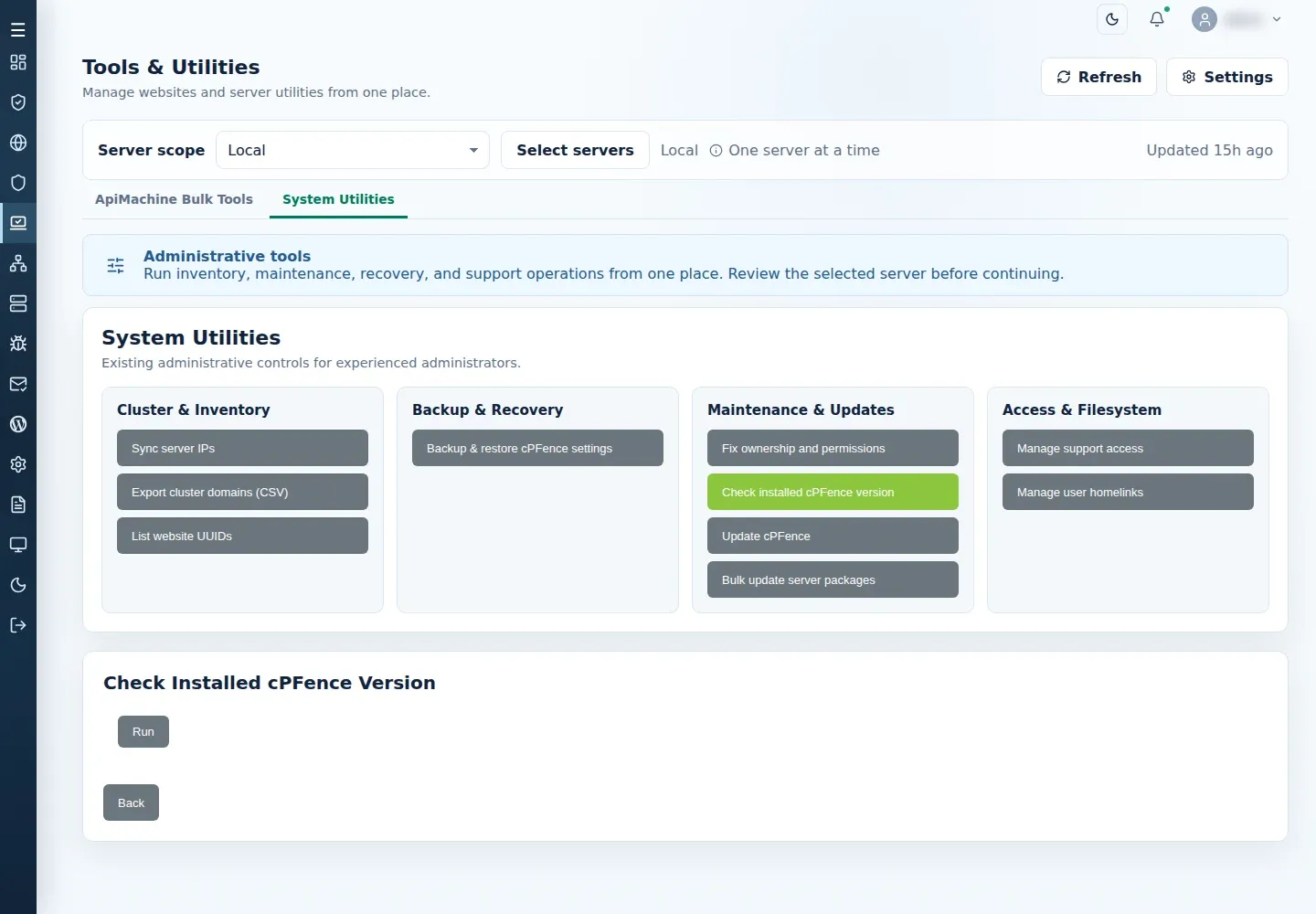 Check Installed cPFence Version menu with Local server scope and Run and Back controls.