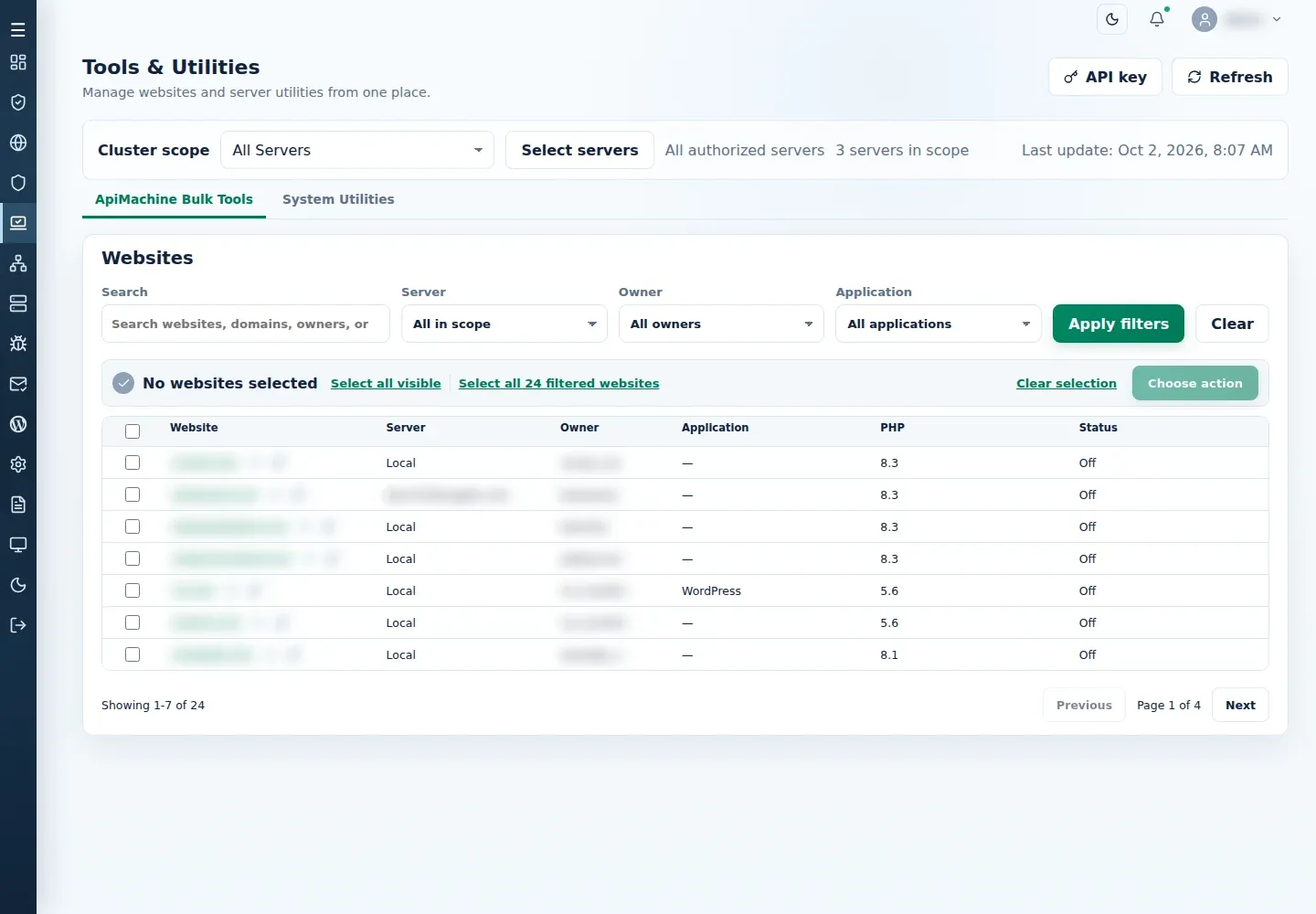 ApiMachine Bulk Tools with website filters and selection controls.