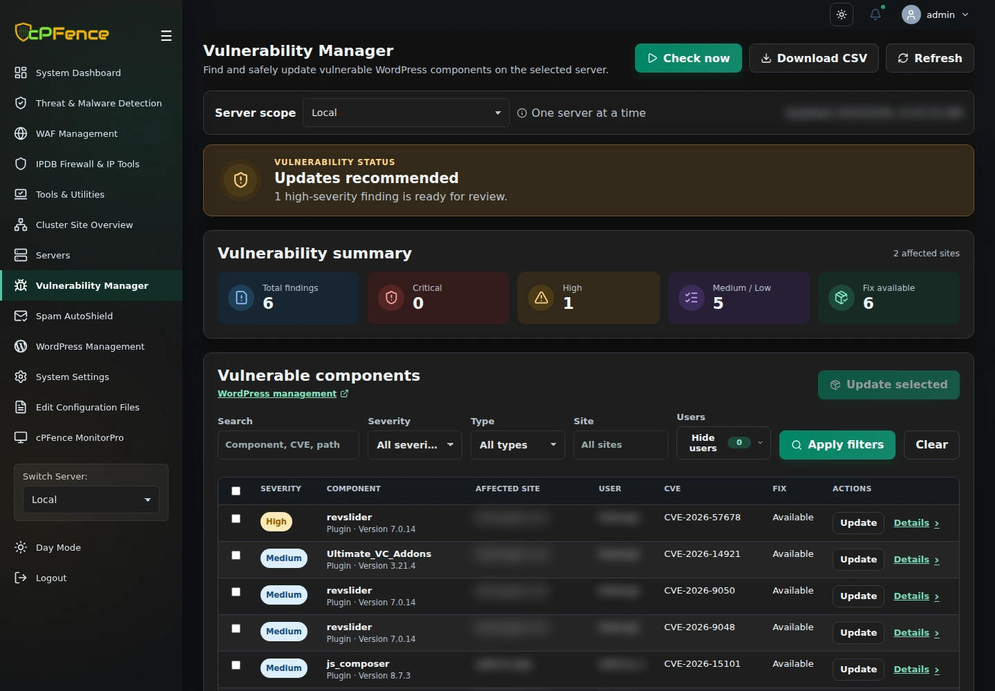 cPFence v4+ dark-mode Vulnerability Manager showing Local server findings, CVE severity, affected sites, and selective update controls
