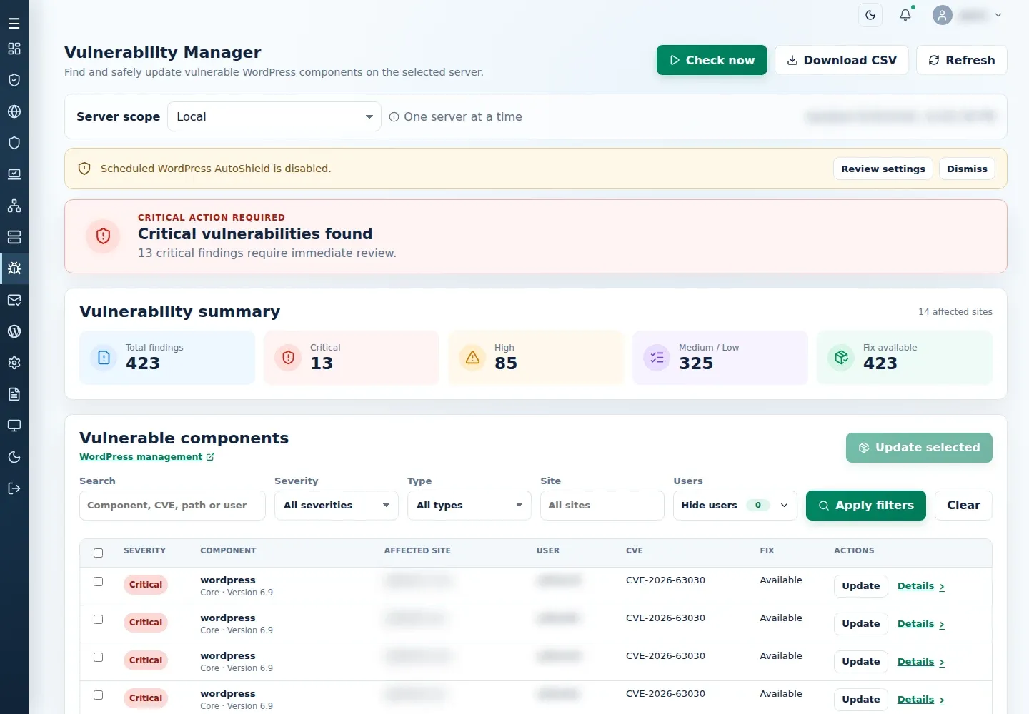 Vulnerability Manager with server scope, five summary cards, filters, component findings, and update controls.