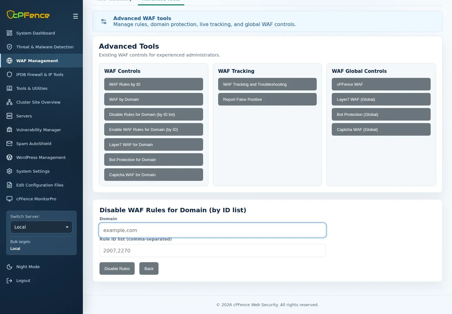 Disable WAF Rules for Domain form with Domain, comma-separated Rule ID list and Disable Rules.