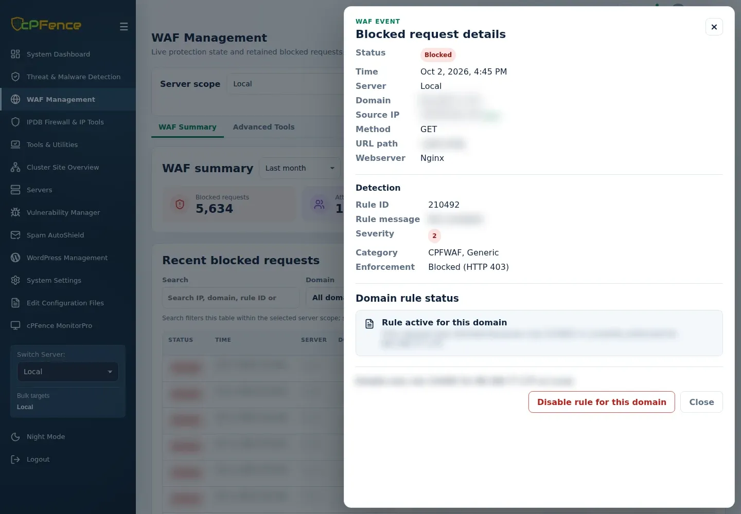Blocked request details showing rule ID, HTTP 403 enforcement, Rule active for this domain and Disable rule for this domain.
