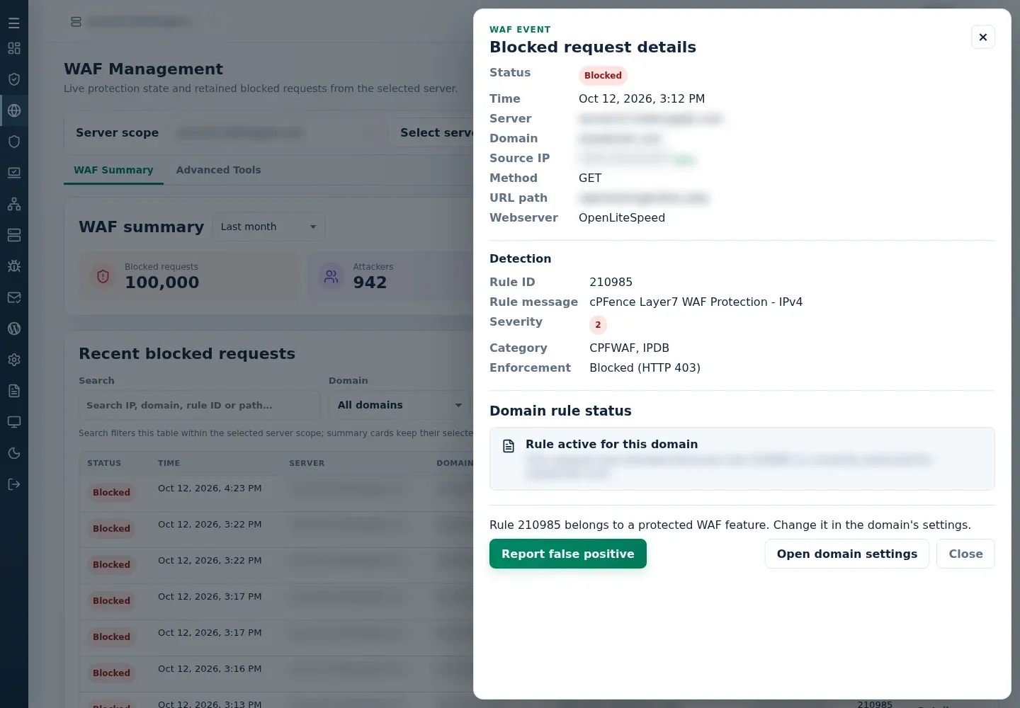 Blocked request details showing rule ID, HTTP 403 enforcement, Rule active for this domain and Disable rule for this domain.