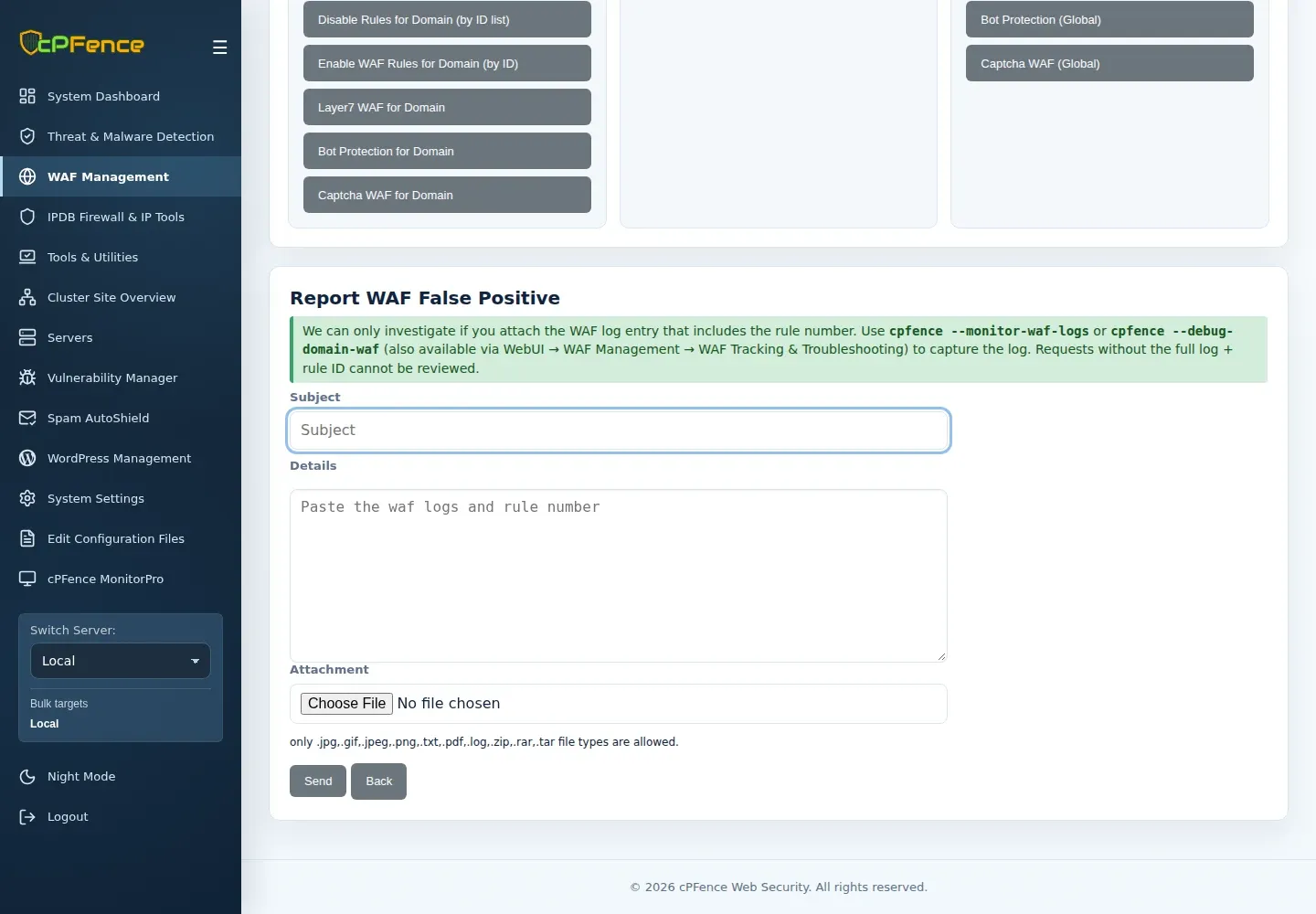 Report WAF False Positive form with Subject, Details, Attachment and Send.