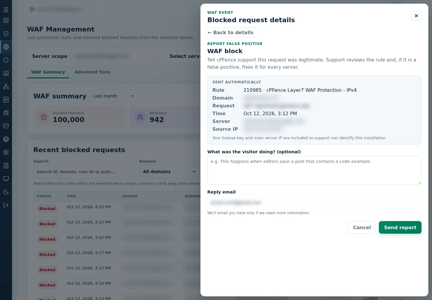 Report false positive form for a WAF block with the automatic summary, What was the visitor doing, Reply email and Send report.