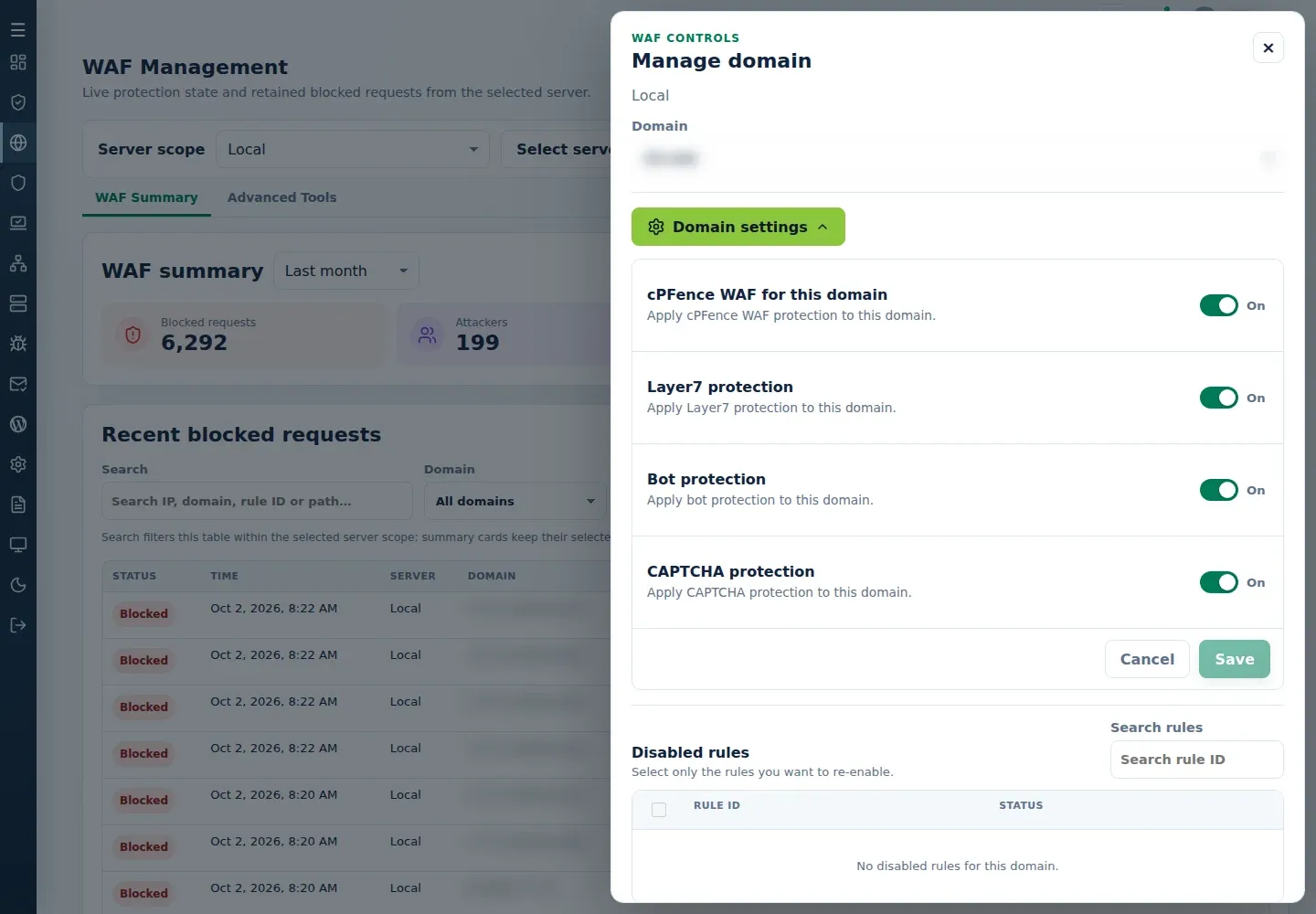 Manage domain drawer with WAF, Layer7, Bot, and CAPTCHA switches and the Disabled rules list.