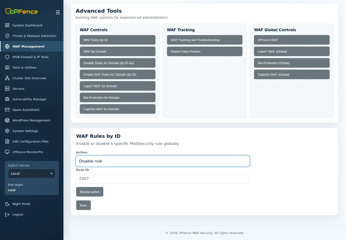 WAF Rules by ID form with Action, Rule ID and Review action.