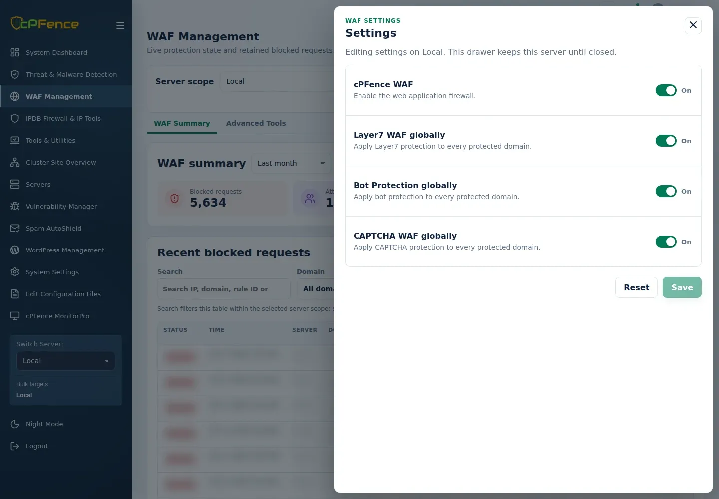 WAF Settings with the cPFence WAF master, global Layer7, Bot and CAPTCHA switches, Reset and Save.