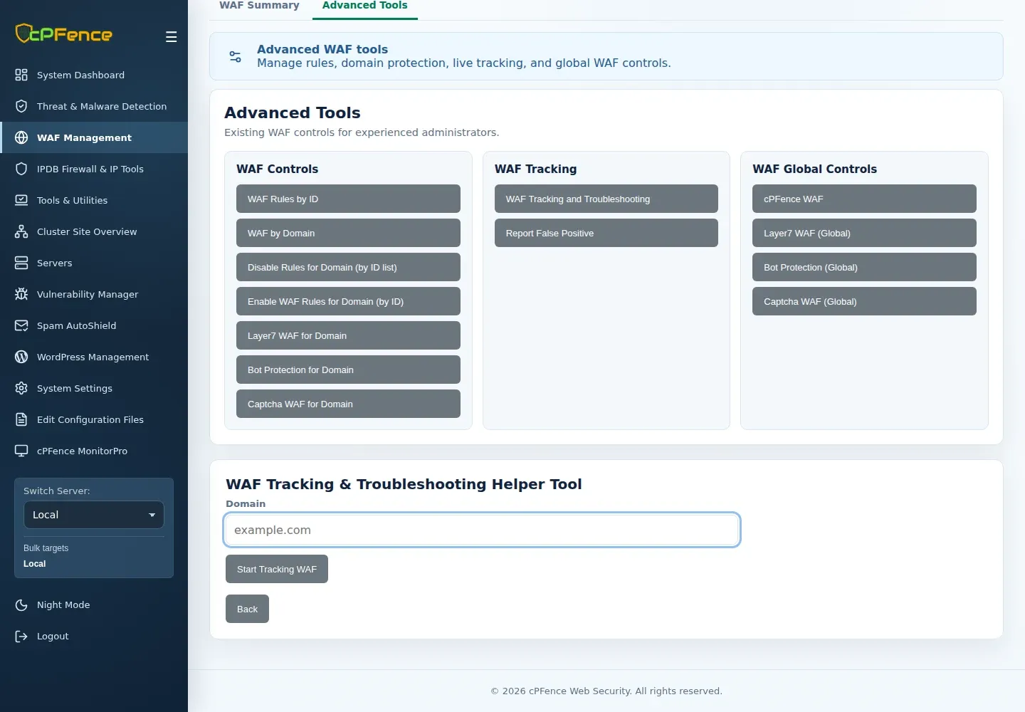 WAF Tracking and Troubleshooting form with Domain and Start Tracking WAF.