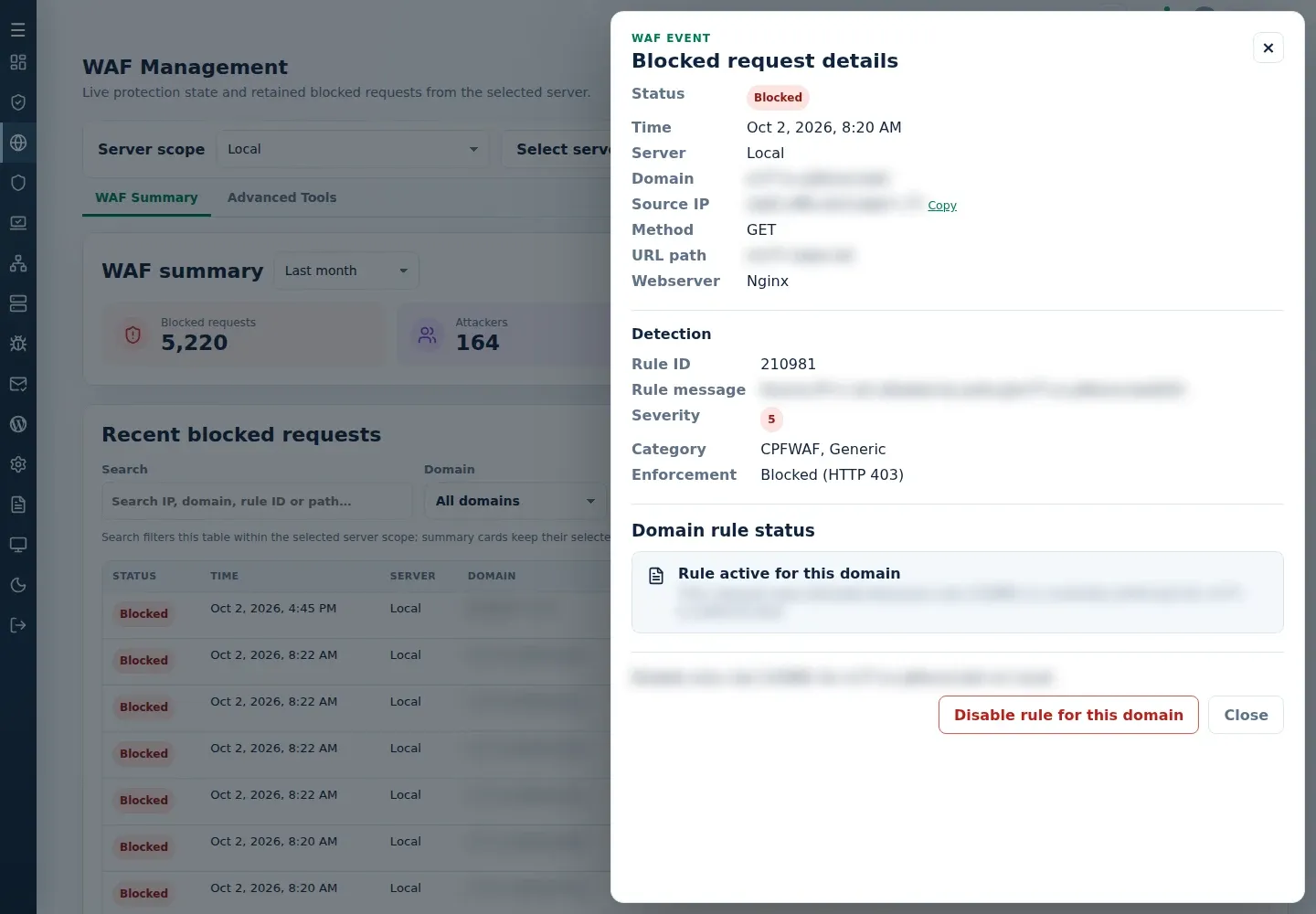 Blocked request details showing Rule ID, Enforcement and Domain rule status.