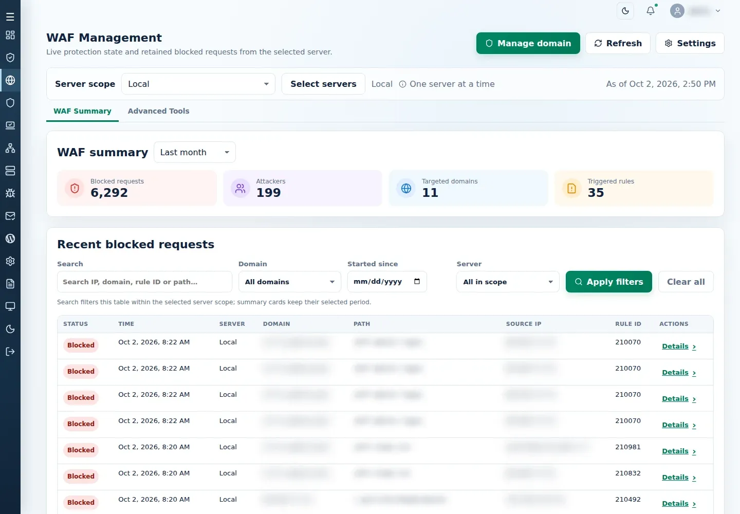 WAF Summary with recent blocked requests, time, domain and path columns, filters and Details links.