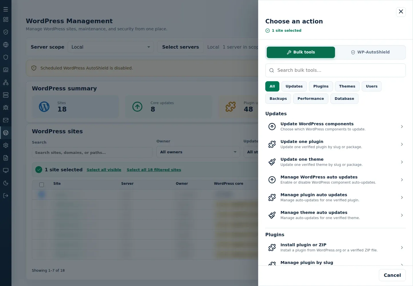 WordPress action menu with Bulk tools and WP-AutoShield tabs, category filters and named actions