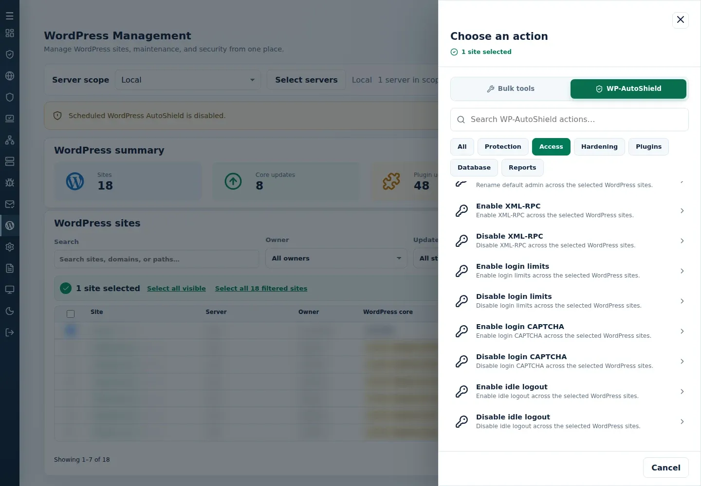 WP-AutoShield Access group showing complete login-limit, CAPTCHA and idle-logout action pairs