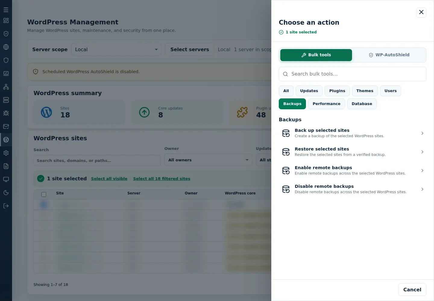 Bulk tools Backups category showing Disable remote backups separately from backup and restore