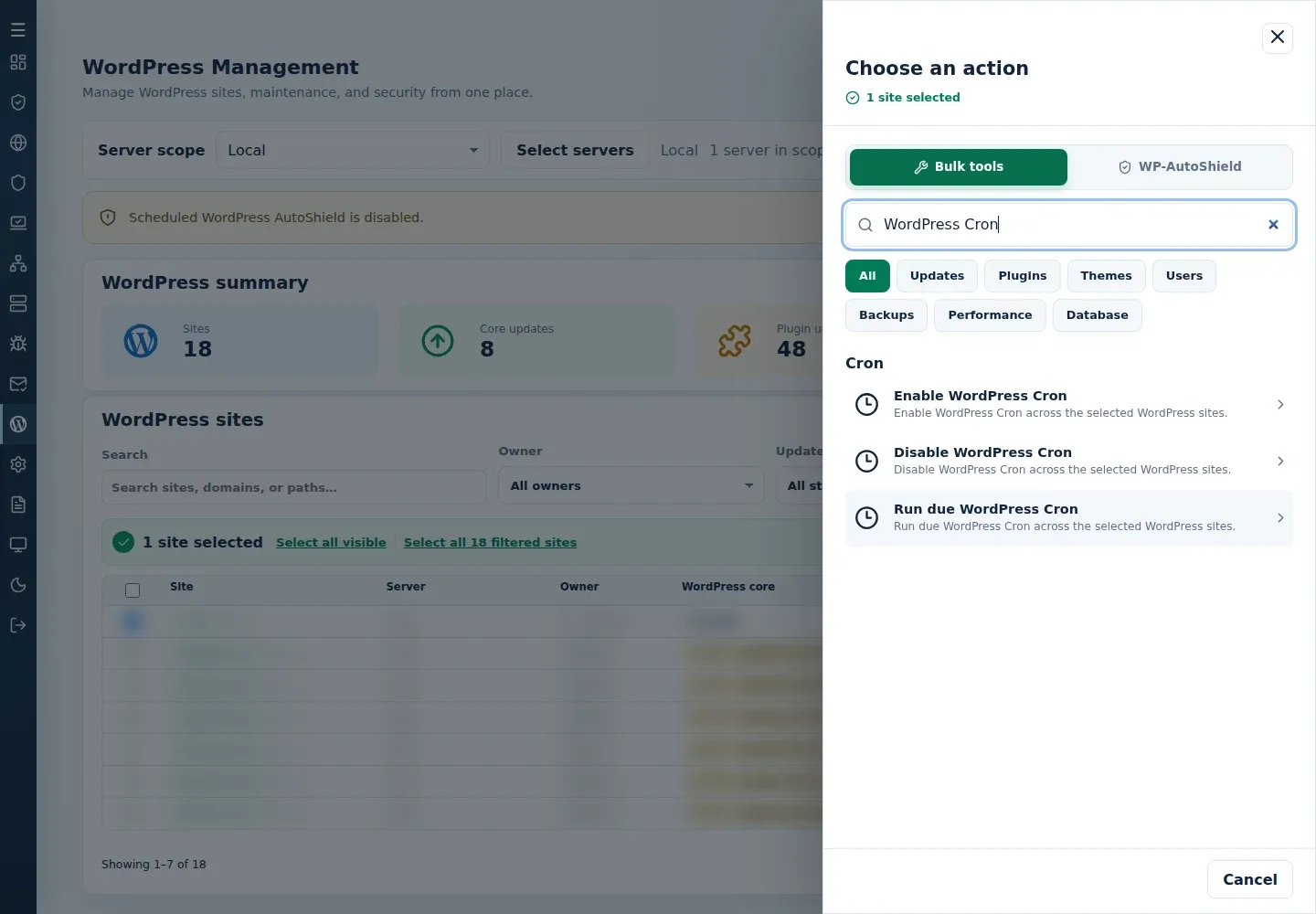 Bulk tools search showing Enable WordPress Cron, Disable WordPress Cron and Run due WordPress Cron