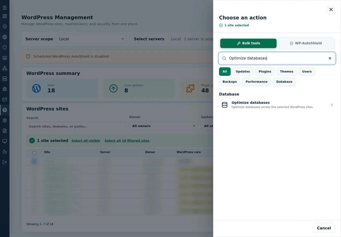 Bulk tools search showing Optimize databases in the Database group