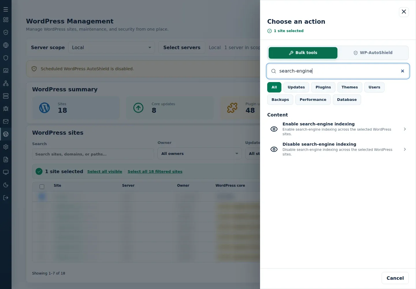 Bulk tools search showing the paired search-engine indexing actions