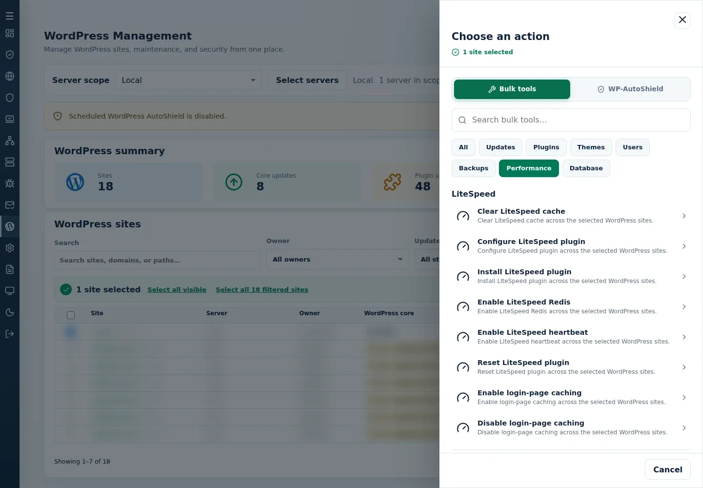 Bulk tools Performance category showing all eight LiteSpeed actions including the login-page caching pair