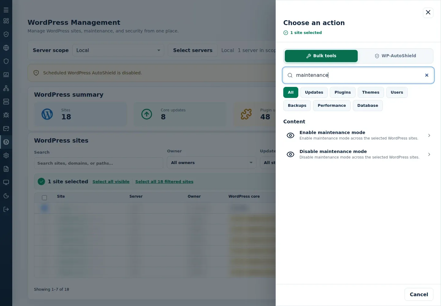 Bulk tools search showing the paired maintenance-mode actions