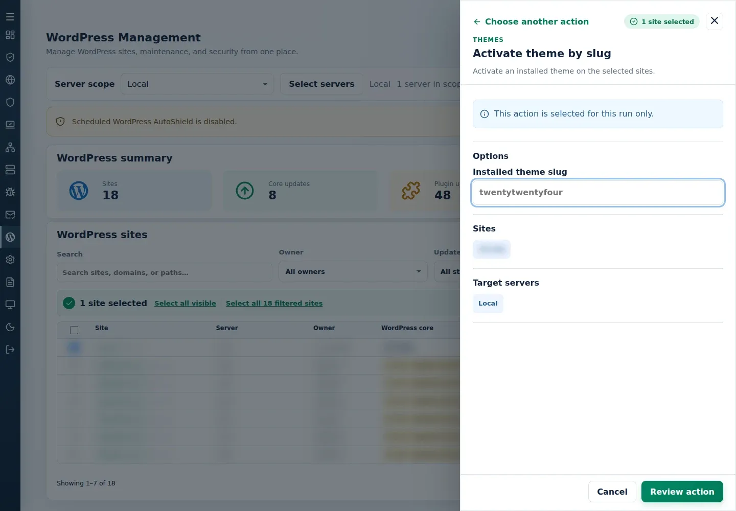 Activate theme by slug form with Installed theme slug and target sections