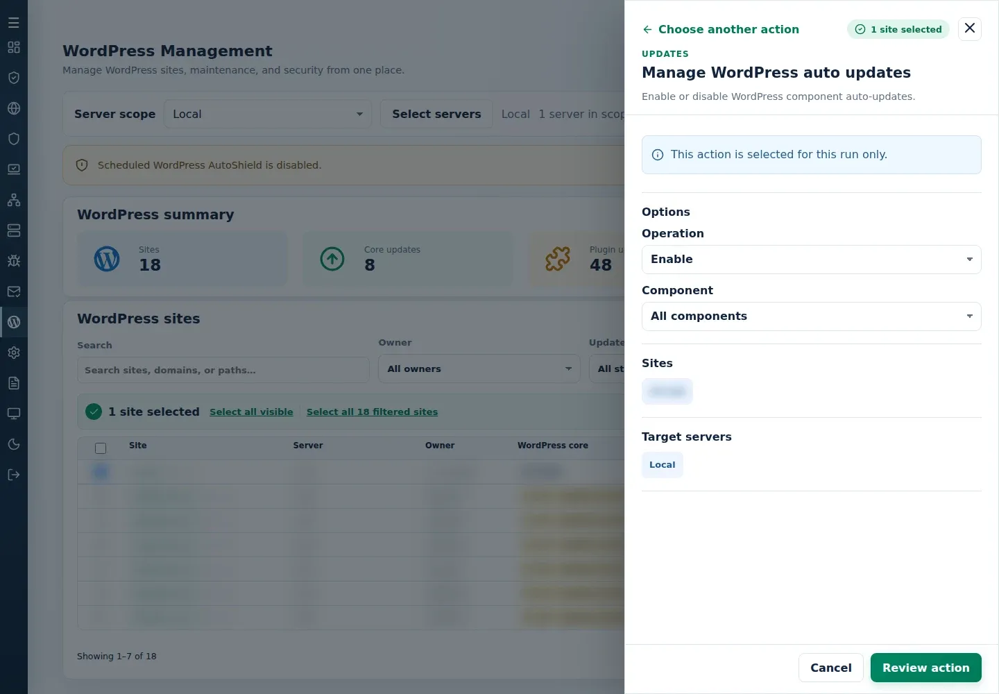 Manage WordPress auto updates form with Operation, Component and target sections