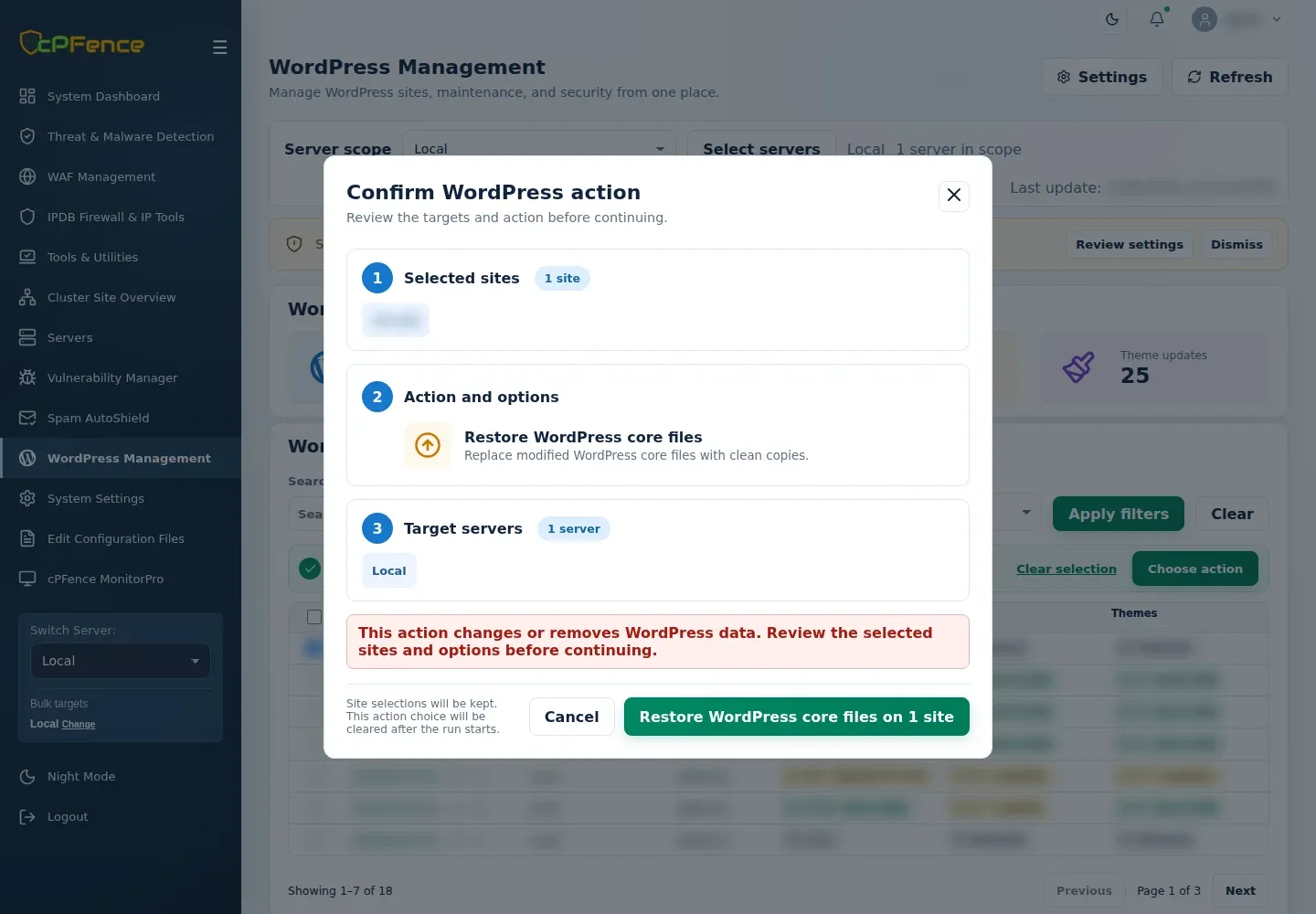 Native core-restoration confirmation showing selected sites, target servers and the data-change warning