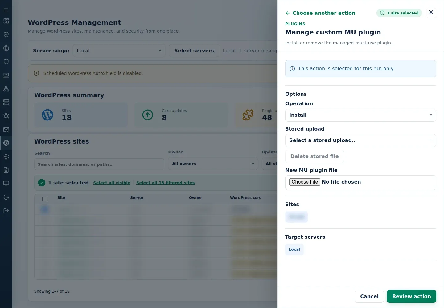 Manage custom MU plugin form with Operation, Stored upload and New MU plugin file