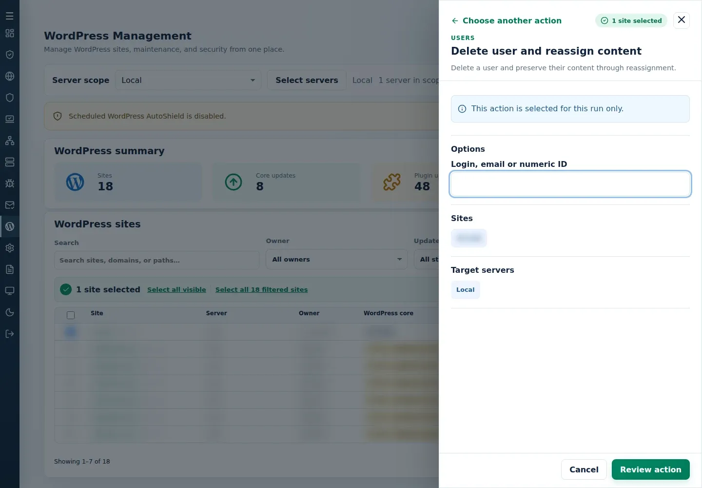 Delete user and reassign content form showing Login, email or numeric ID and selected-site targets