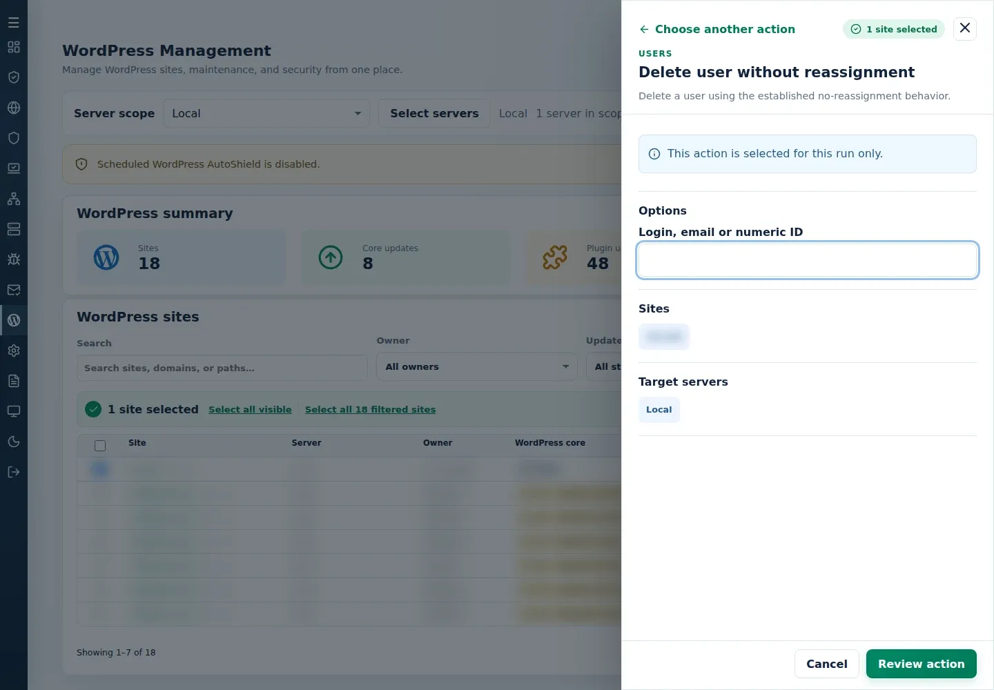 Delete user without reassignment form showing Login, email or numeric ID and selected-site targets