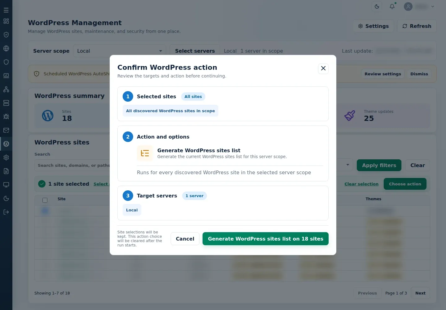 Confirm WordPress action for Generate WordPress sites list showing all discovered sites and target server scope