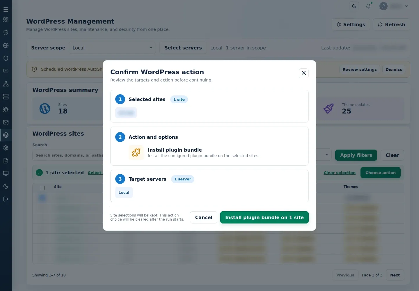 Install plugin bundle confirmation showing selected sites, action and target servers