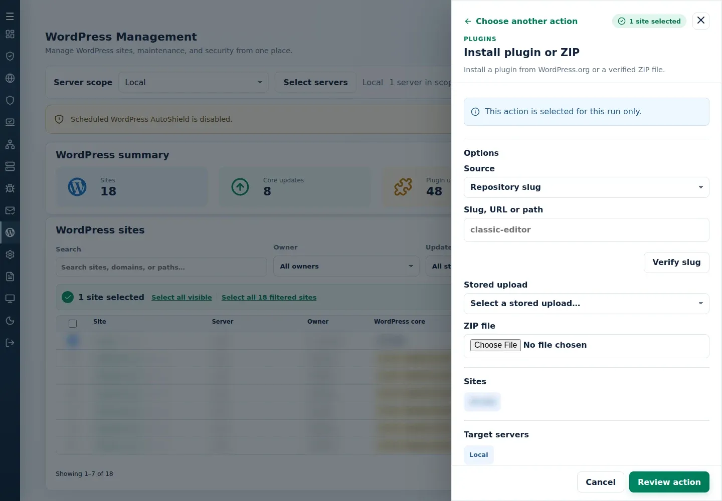 Install plugin or ZIP form with Source, package fields and target sections