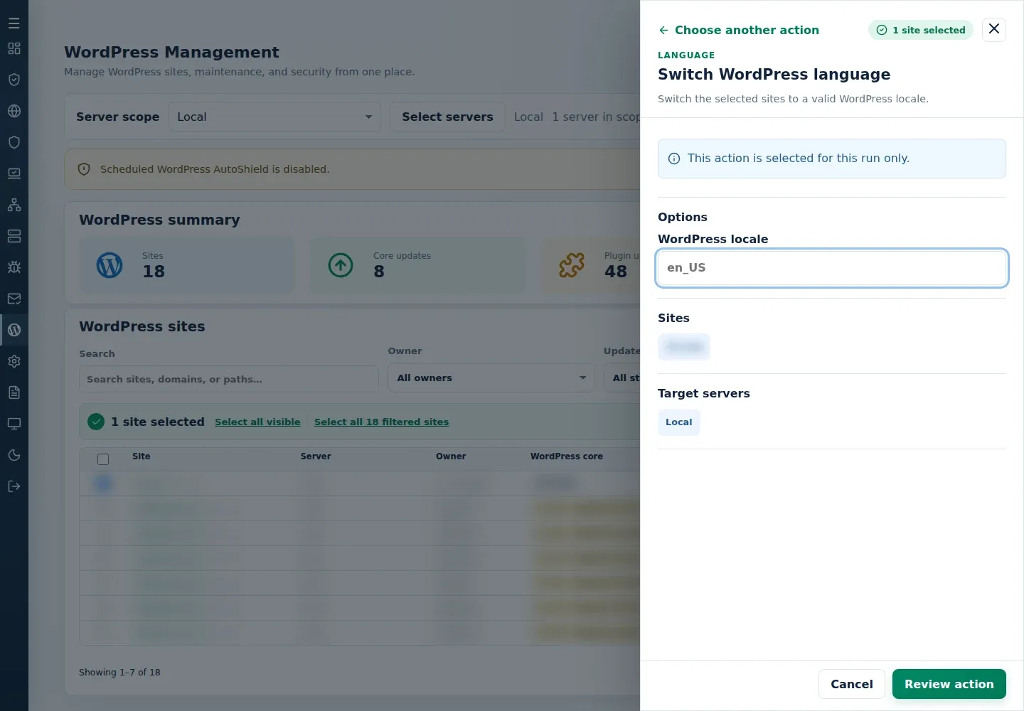 Switch WordPress language form with WordPress locale text field and selected targets
