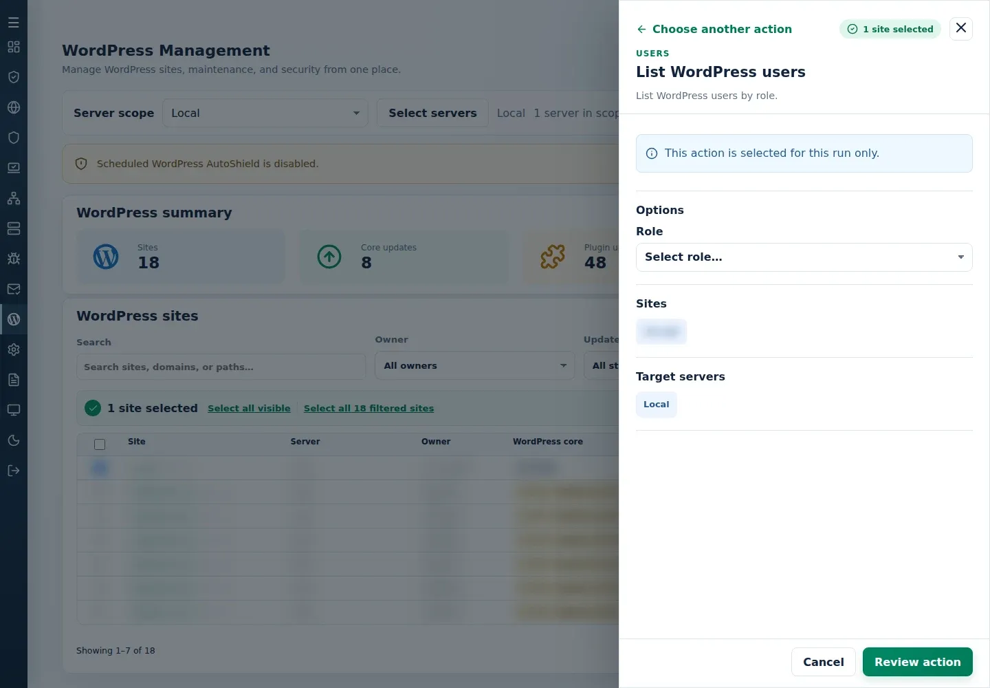 List WordPress users form with Role and selected-target sections