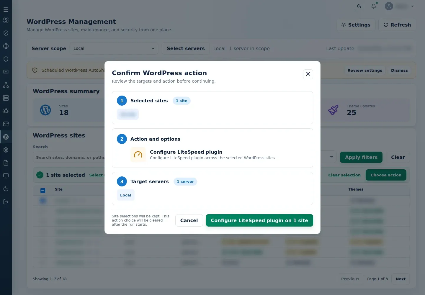 Confirm WordPress action showing Configure LiteSpeed plugin, one selected site and Local target.
