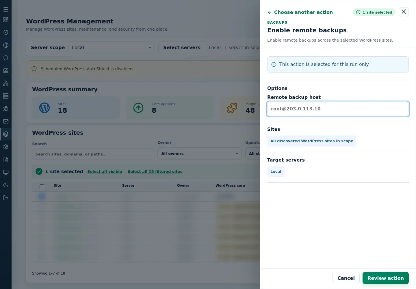 Enable remote backups form showing Remote backup host, All discovered WordPress sites in scope and Target servers