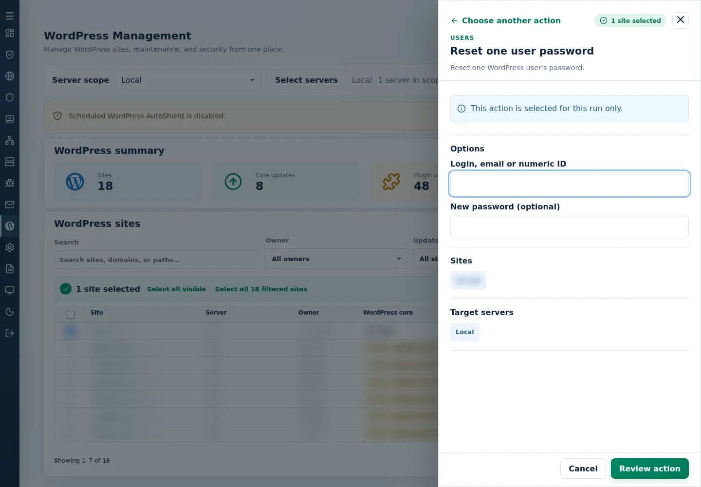 Reset one user password form with identity and optional new-password fields