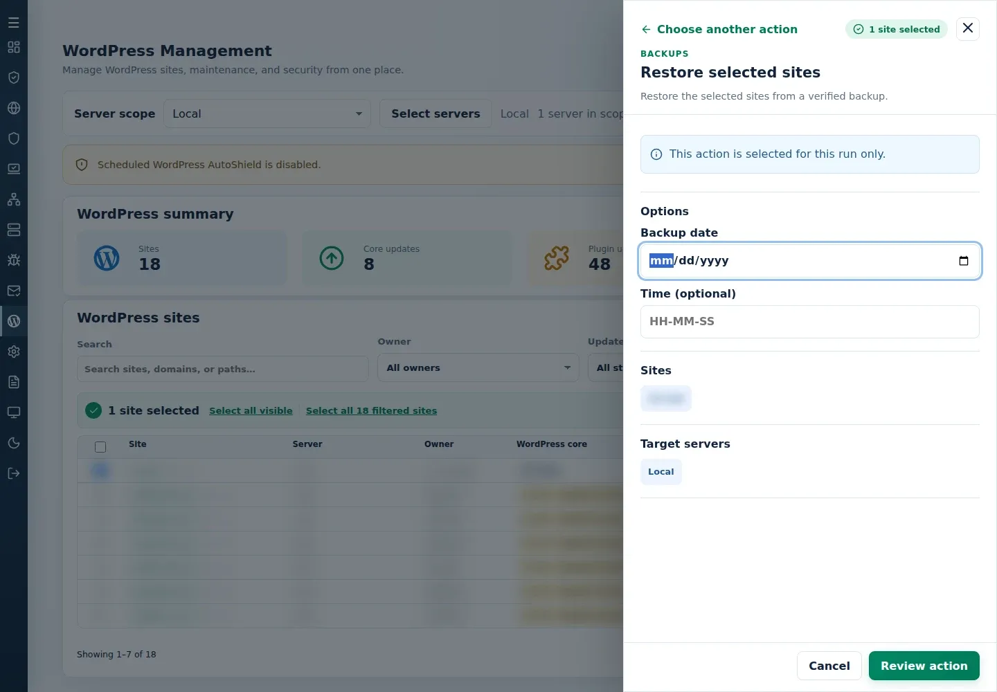 Restore selected sites form showing Backup date, Time optional, Sites and Target servers