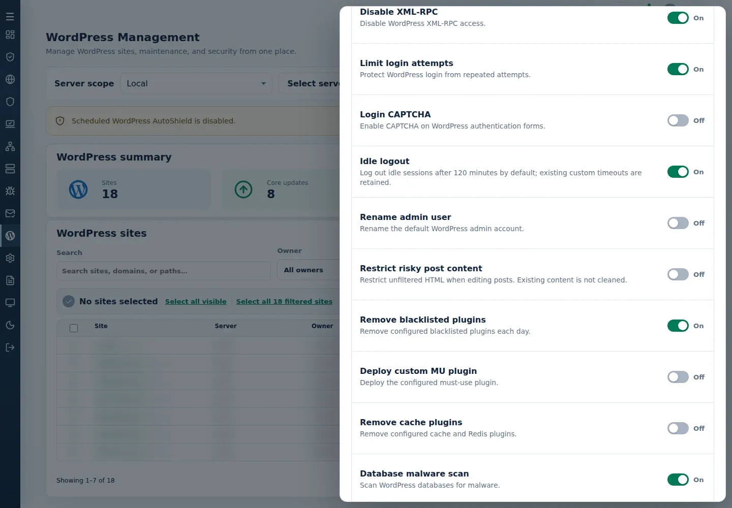 WordPress Settings showing Remove cache plugins separately from other plugin policies