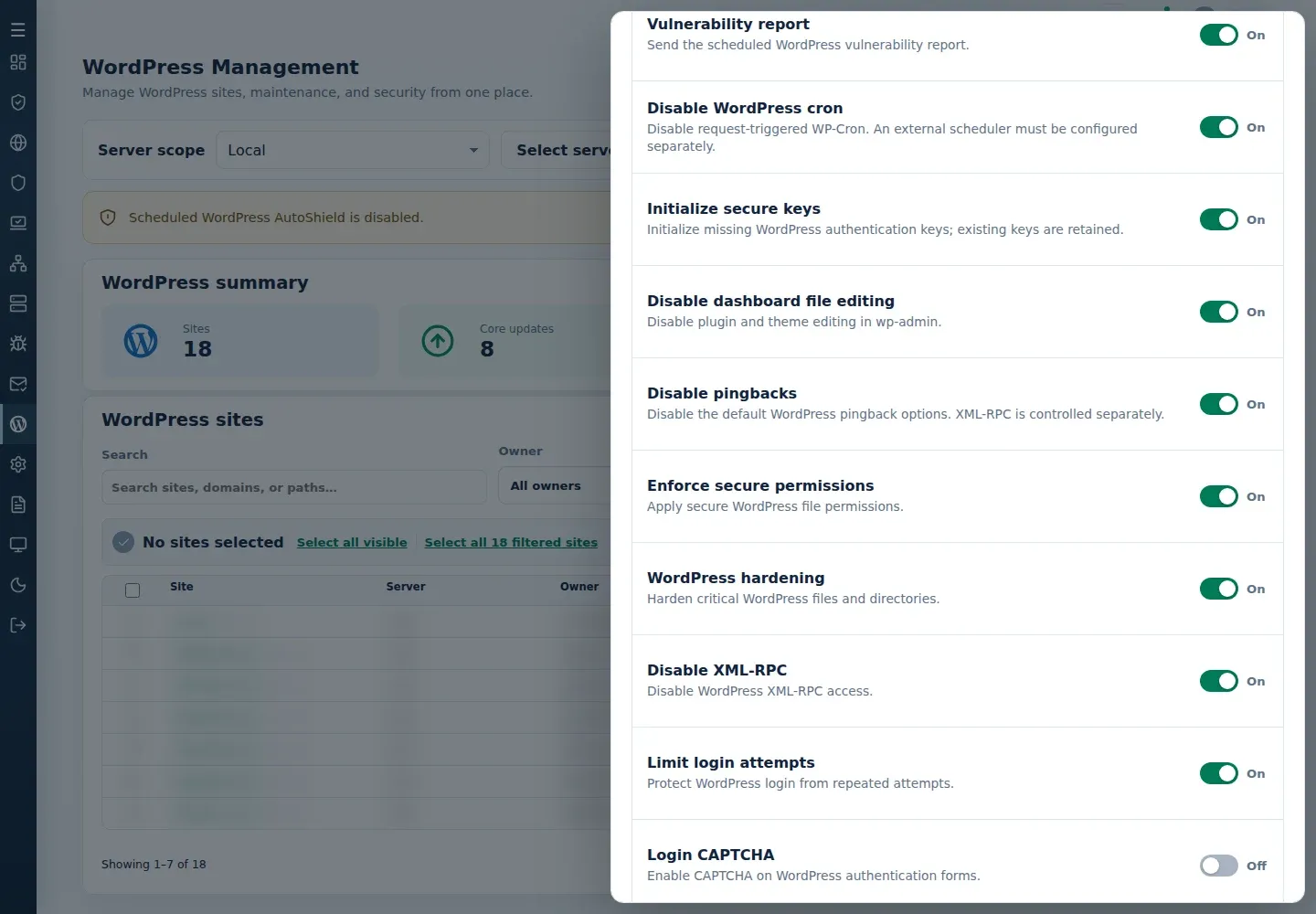 WordPress Settings showing Initialize secure keys, Disable dashboard file editing and Disable pingbacks