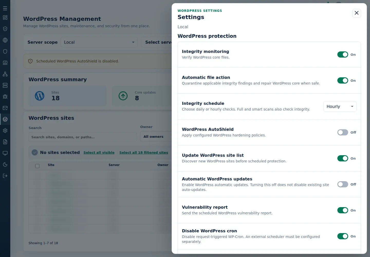 WordPress Settings showing integrity monitoring, automatic file action and the AutoShield master