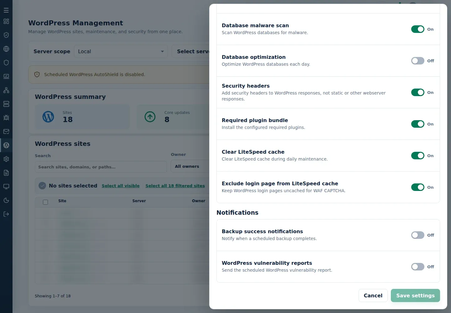 WordPress Settings showing Database optimization separately from Database malware scan
