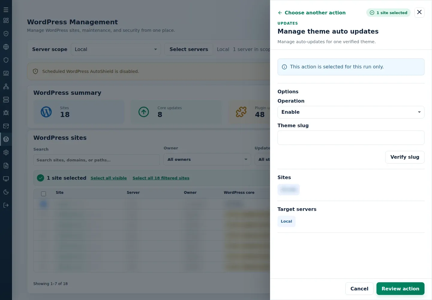 Manage theme auto updates form with Operation, Theme slug and Verify slug