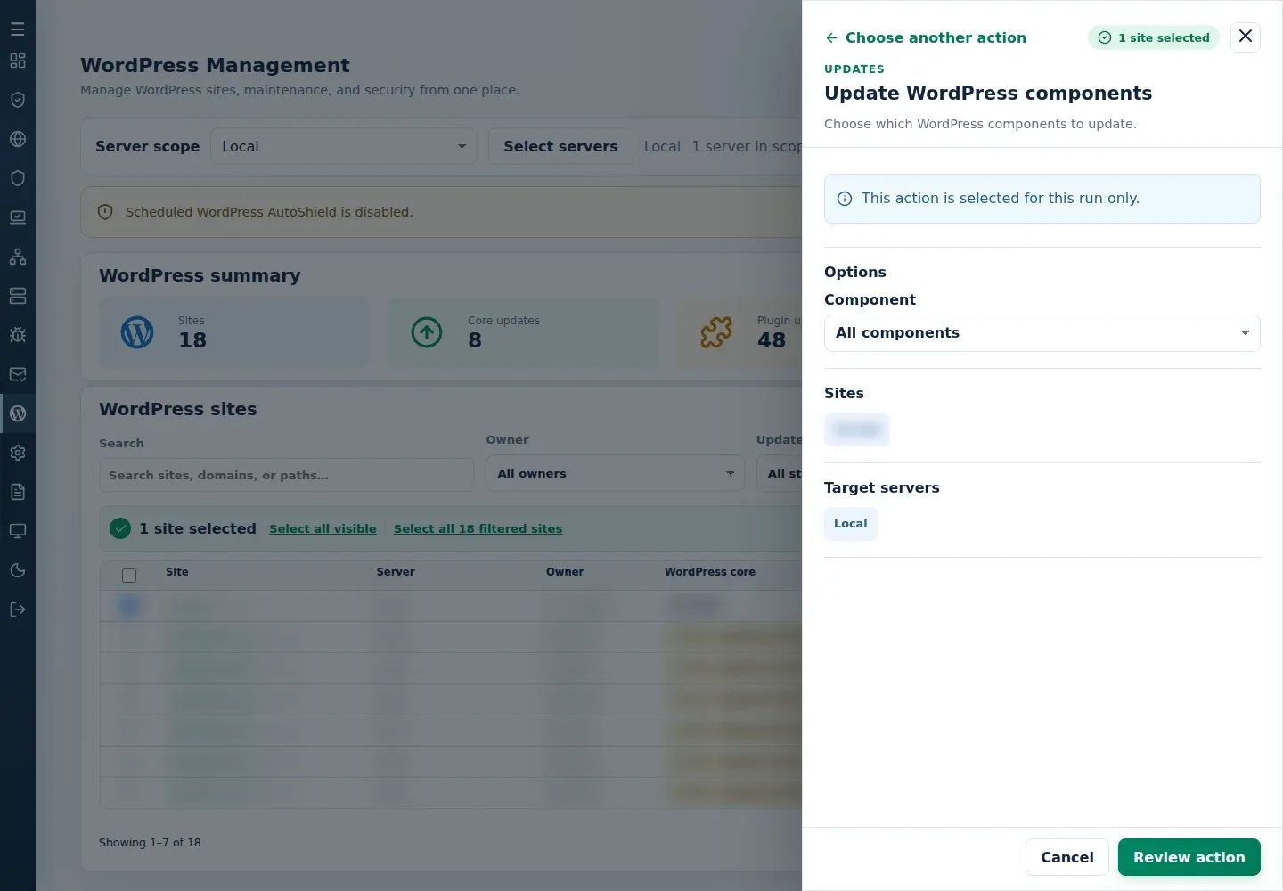 Update WordPress components form with Component and target sections