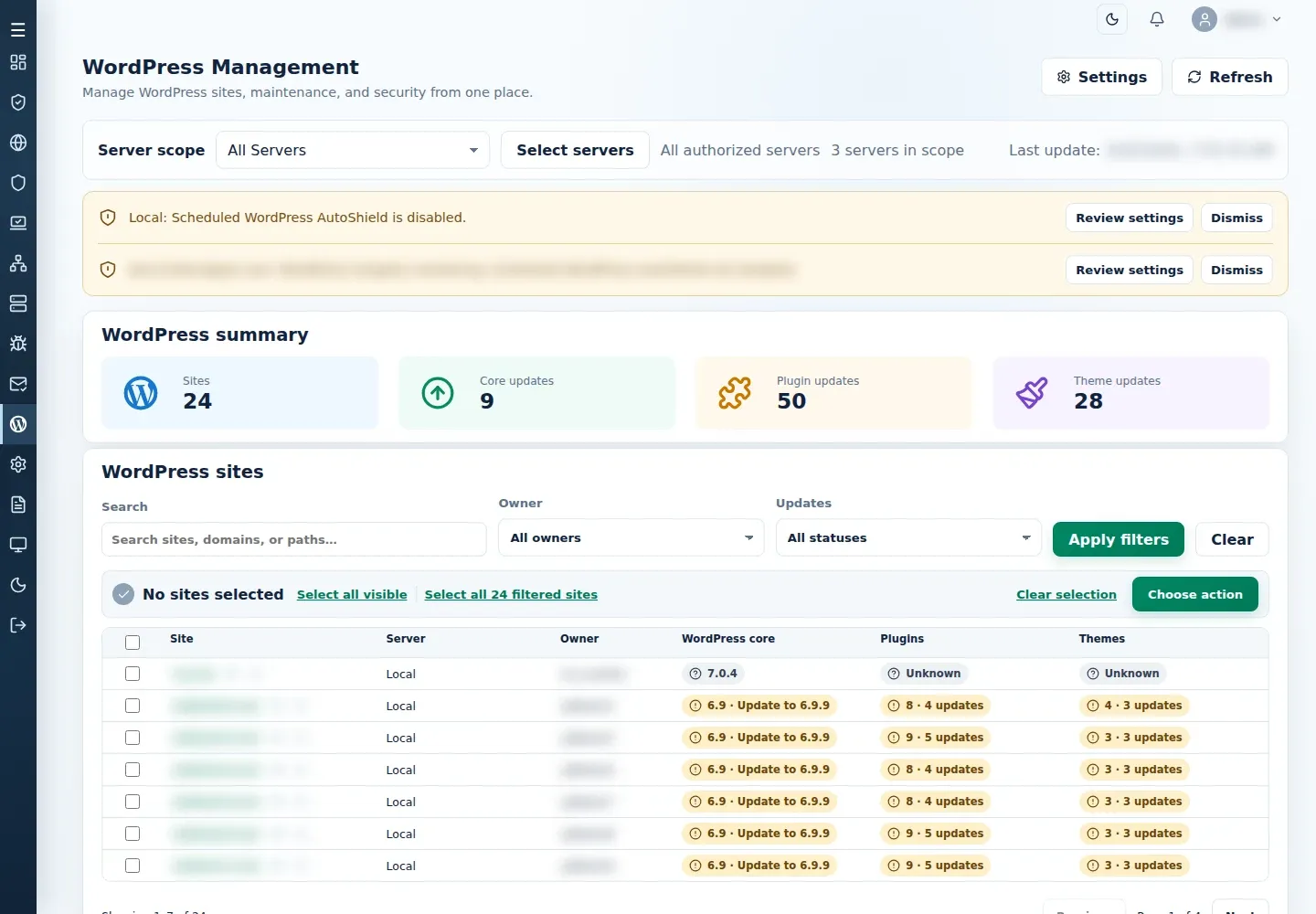 WordPress site table with filters, selection controls and Choose action