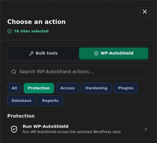 cPFence v4+ dark-mode action chooser with WP-AutoShield and Protection selected, showing Run WP-AutoShield for the selected sites